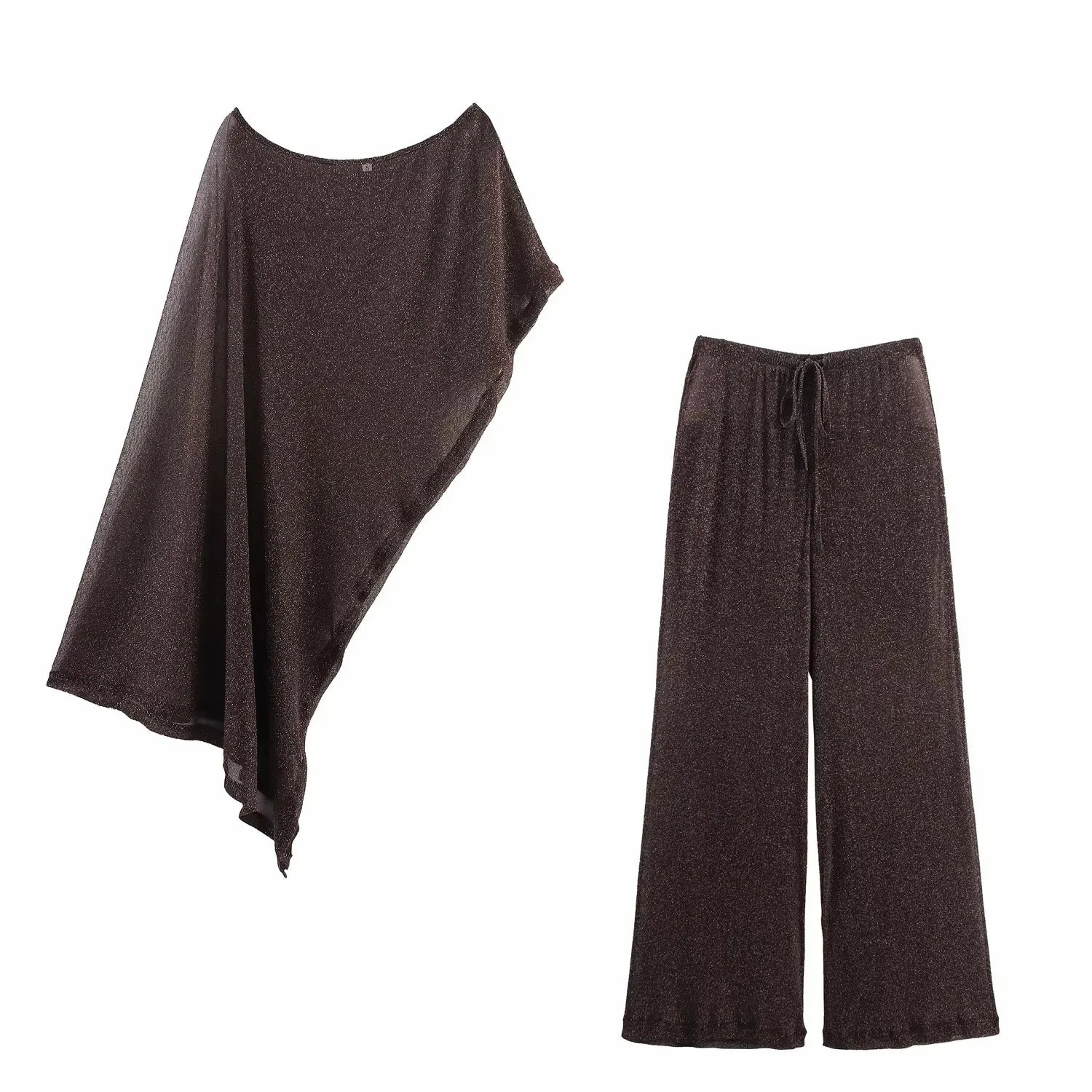 Vintage Brown Women’s Outfit – Asymmetrical Cold Shoulder Top & Wide Leg Shawl Pants 2025 Autumn Set 🍂✨