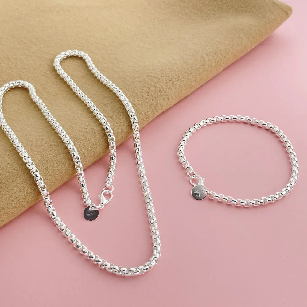 925 Sterling Silver 4MM Round Box Chain Bracelet & Necklace Set – Men & Women