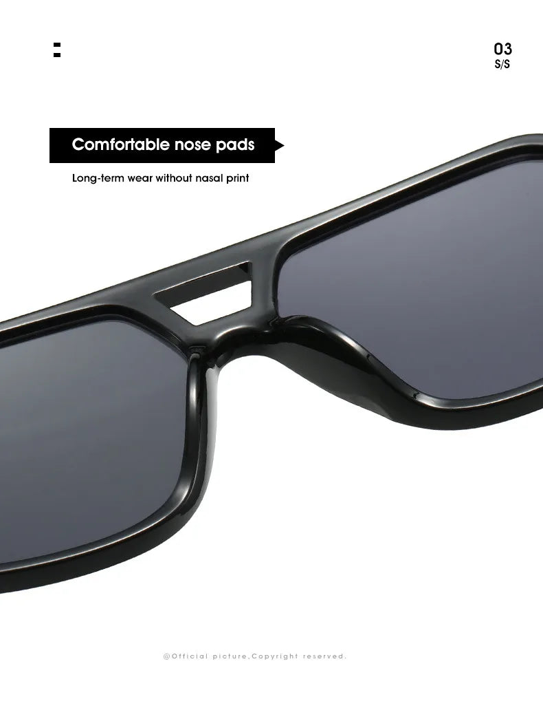 Retro Big Frame Square Sunglasses – Women & Men Double Beam One-Piece Designer Pilot Sun Glasses | Black Circular Cool Shades