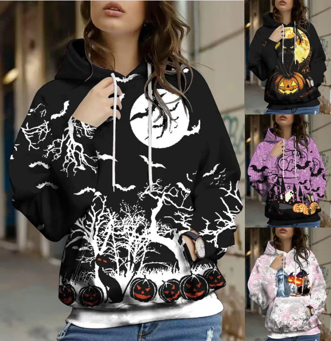 Loose Women’s Sweatshirt Hoodie | Halloween Retro Casual Pullover with Pocket | Long Sleeve Commuter Style
