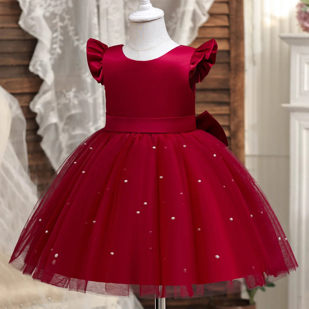 Hello Kitty Girls Pearls Dress – Elegant Princess Wedding Gown, Tulle Birthday Party Dress for Children 3-7Y