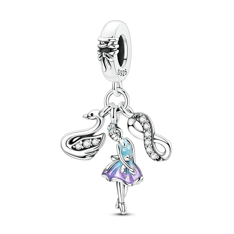 925 Sterling Silver Black Swan Ballerina Pendant Charm for Women DIY Bracelet Jewelry