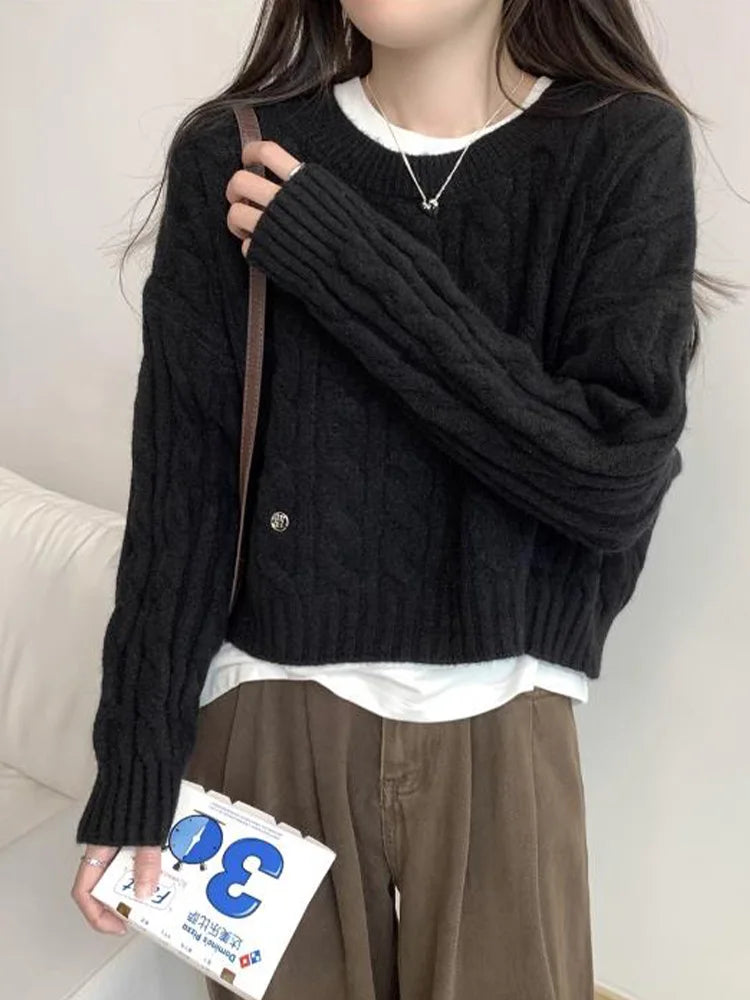 Soft ort Knitted Sweater Women's Top Lazy Sle Inner Wear Autumn Winter New Arrival Twist Cotton Long Sve round Ne Sw...