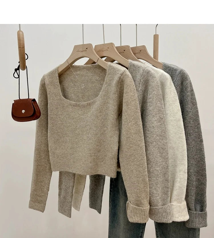 ✨ Soft Short Knitted Sweater Top for Women 🍁 Square Collar Slim Fit | Autumn Winter Inner Base Shirt 👚