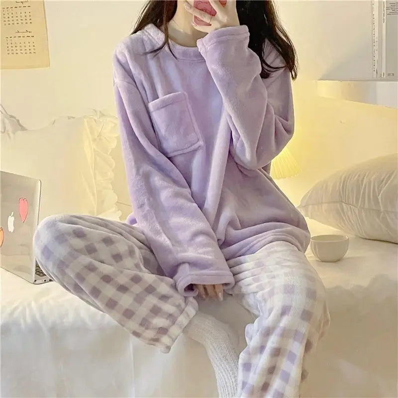 ❄️ Fleece Thick Warm Women’s Pajamas Set 🛌 Soft Winter Sleepwear | Cozy Solid Top & Plaid Pants Pijamas Home Suit ❤️