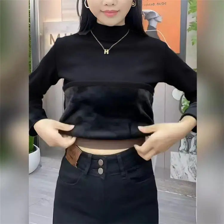 ❄️ Thiened Fleece Warm Long Sleeve Innerwear 👚 Slim Fit Mid-Neck Women's Base T-Shirt 🌸 Autumn Winter Two-Piece Set
