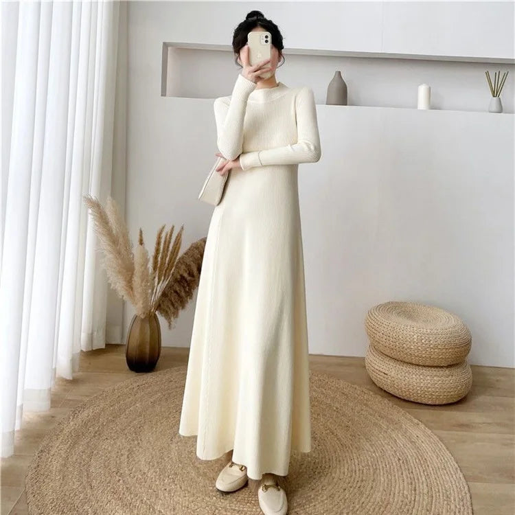 Women’s Knitted A-Line Dress – Slimming Waist Design Autumn Winter Sweater Long Dress | High-End Inner Wear
