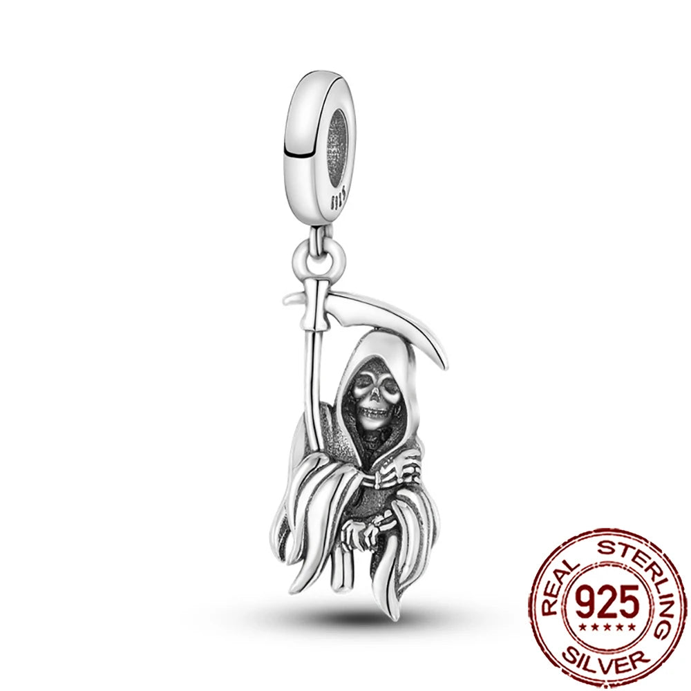 Gothic 925 Sterling Silver Grim Reaper Skull Charm Bead Fit Pandora Bracelet