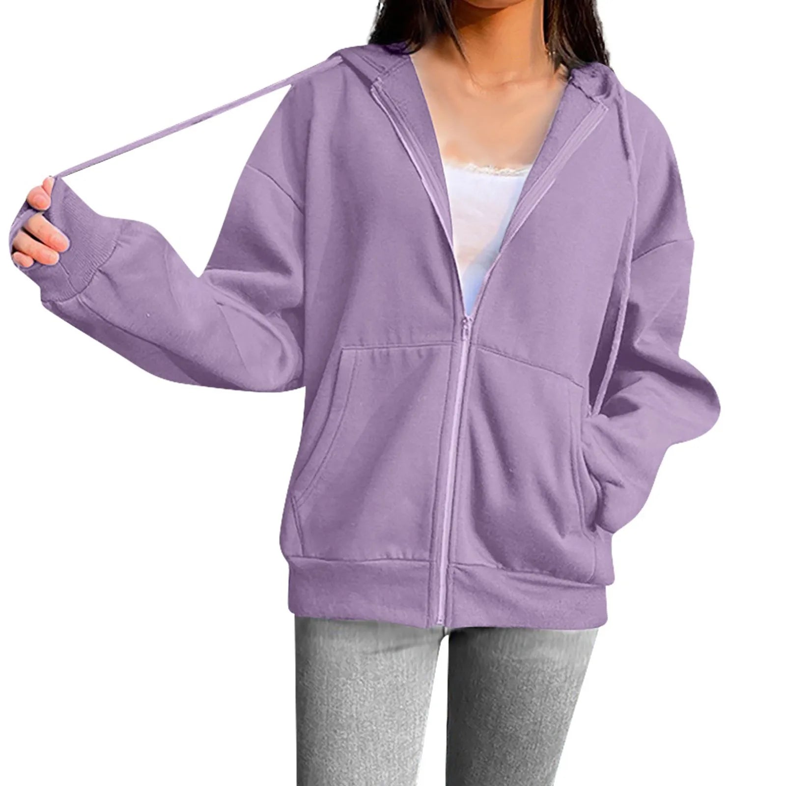 Spring Autumn Women Solid Color Hooded Sweatshirt Coat | Zipper Pocket Hoodie Jacket | Casual Outerwear Femme