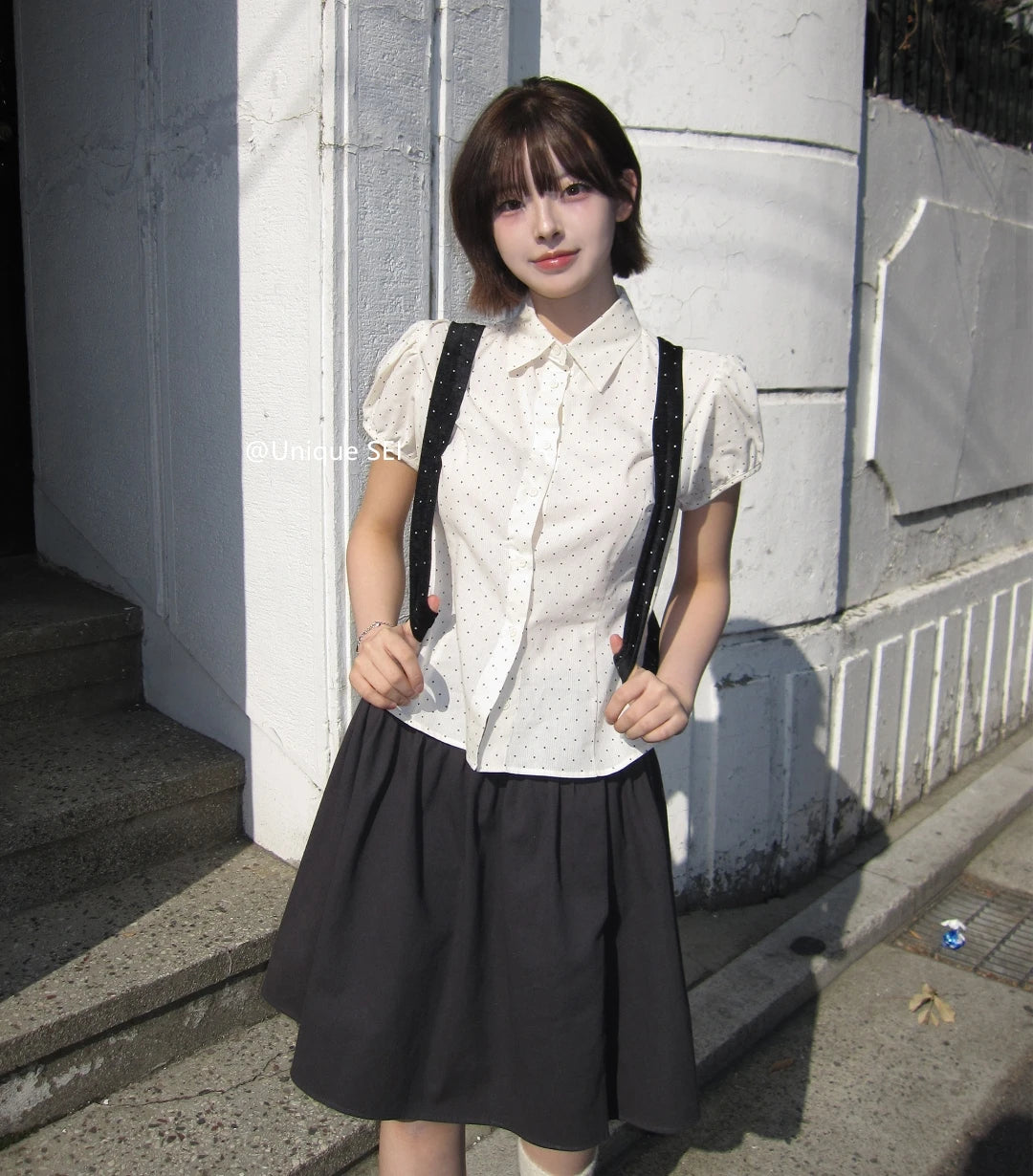 Sweet Korean Style Polka Dot Short Sleeve Blouse | Women’s Slim Fit Summer Top with Bubble Sleeves