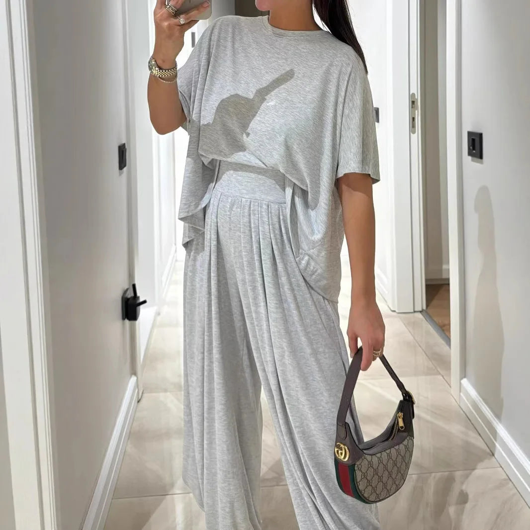 Casual Women’s 2-Piece Set – Short Sleeve T-Shirt & High Waist Wide-Leg Trousers Summer Fashion 🌿☀️