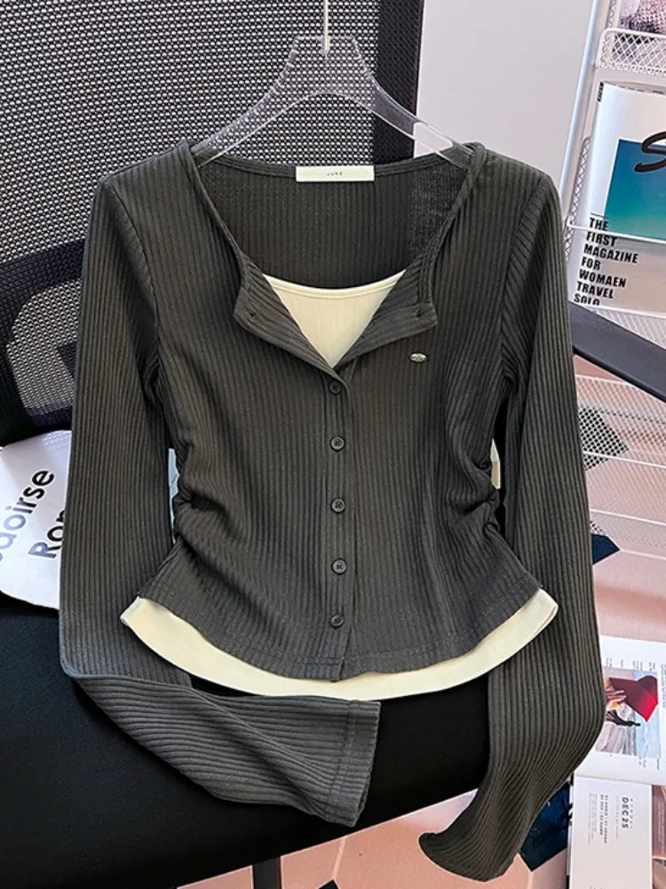 Unique Design Long Sleeve Slim Fit T-Shirt – Women's Plus Size Early Autumn Base Shirt, Korean Style Knitted Top