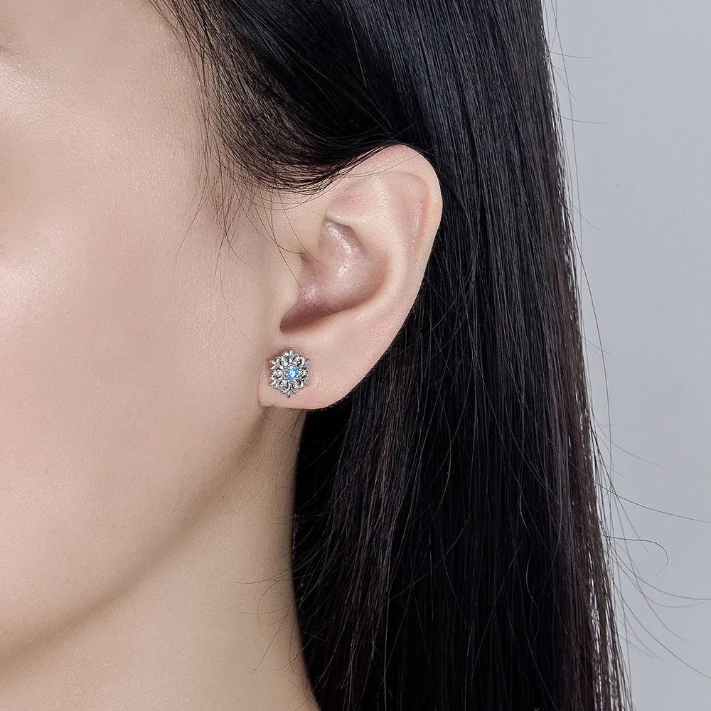 925 Sterling Silver Blue Zircon Snowflake Earrings for Women – Christmas Charm Jewelry Gift