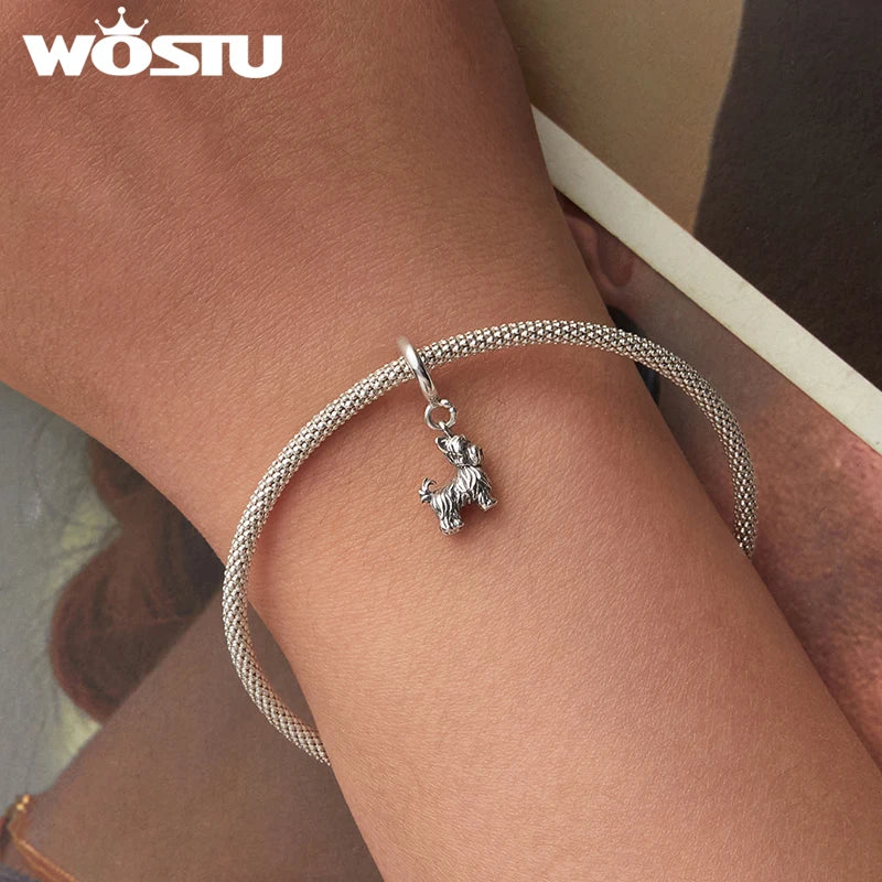 WOSTU 925 Sterling Silver Pet Dog Charm Pomeranian Yorkshire Terrier Pendant for Women Bracelet