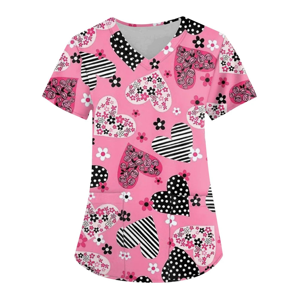 Women’s Heart Print Medical Top ❤️ V-Neck Short Sleeve Nursing Uniform ✨