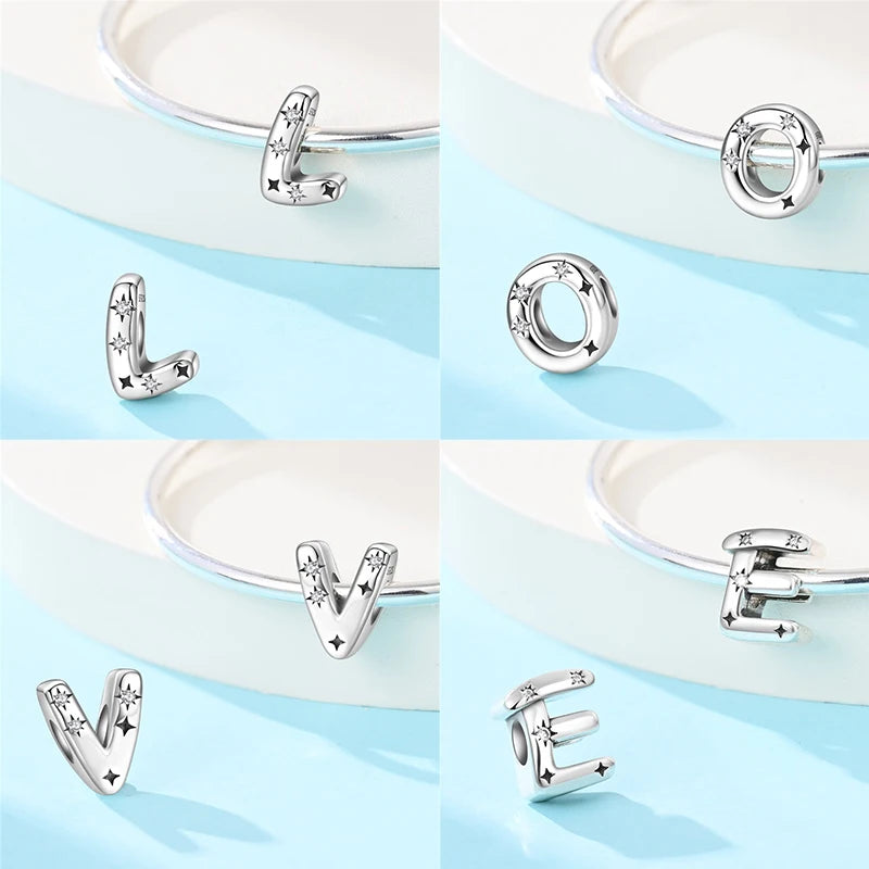 Classic 925 Sterling Silver A–Z Alphabet Charms | Letter Beads with Stars Fit Original Bracelet DIY Jewelry for Women