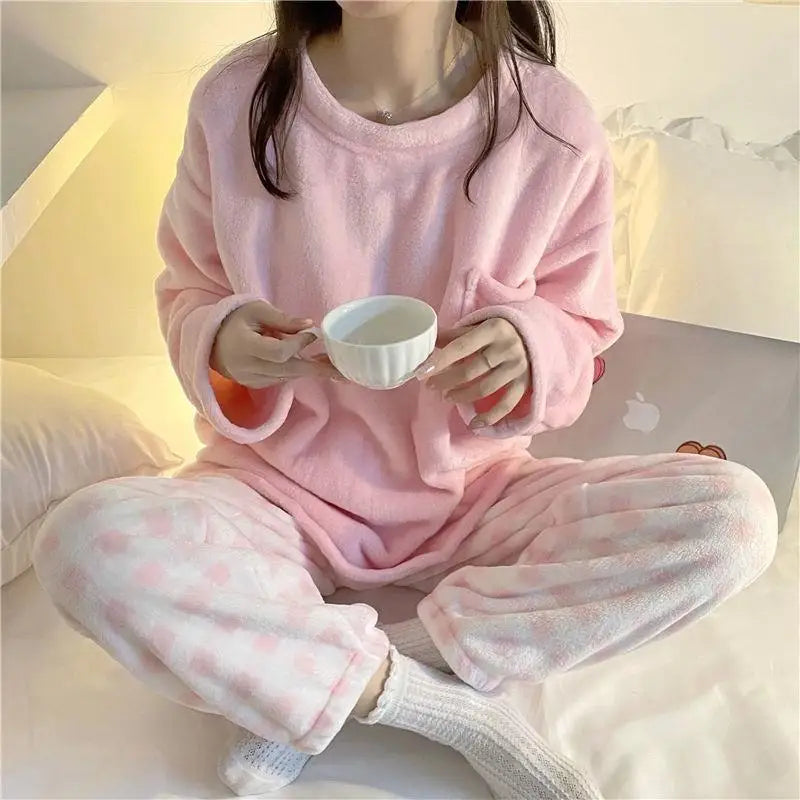 ❄️ Fleece Thick Warm Women’s Pajamas Set 🛌 Soft Winter Sleepwear | Cozy Solid Top & Plaid Pants Pijamas Home Suit ❤️