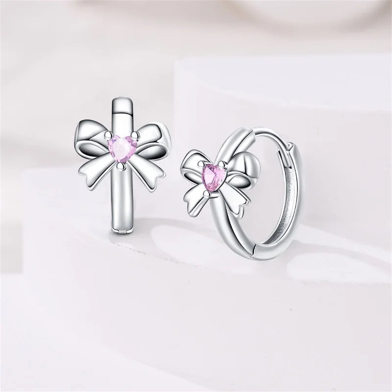 925 Sterling Silver Sweet Bow Heart Zircon Hoop Earrings | Women’s Shining Proluxy Fine Jewelry Gift for Engagement & Birthday