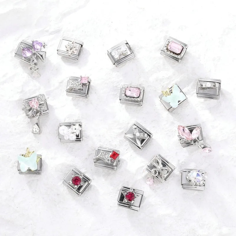 2025 Original Zircon Bow Knot Star Cherry Italian Charm | Stainless Steel 9mm Links DIY Modular Bracelet Jewelry Wholesale