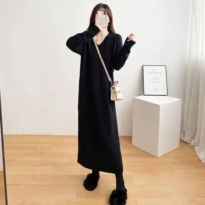 Ladies’ Knitted V-Neck Dress – Loose Fit Base Layer Skirt, Casual Straight Tube Korean Style Autumn Winter Dress