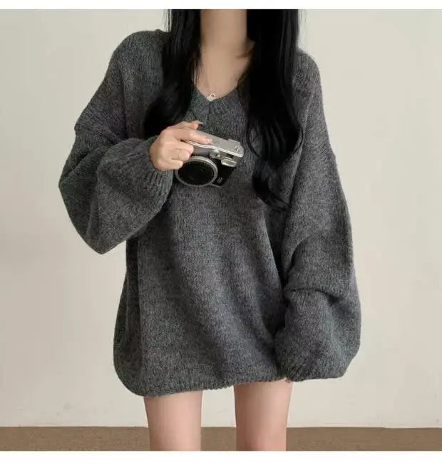 Soft Cozy Knitwear Women’s Loose Sleeve Sweater – Autumn Winter New Fashion V-Neck Long Sleeve Korean Commute Outerwear