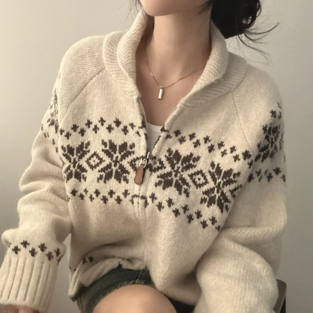 📚 College Style Knitted Sweater Coat for Women 🍂 Double Zipper Loose Fit | Autumn New Arrival Lazy Turn-Down Collar Top 🧥