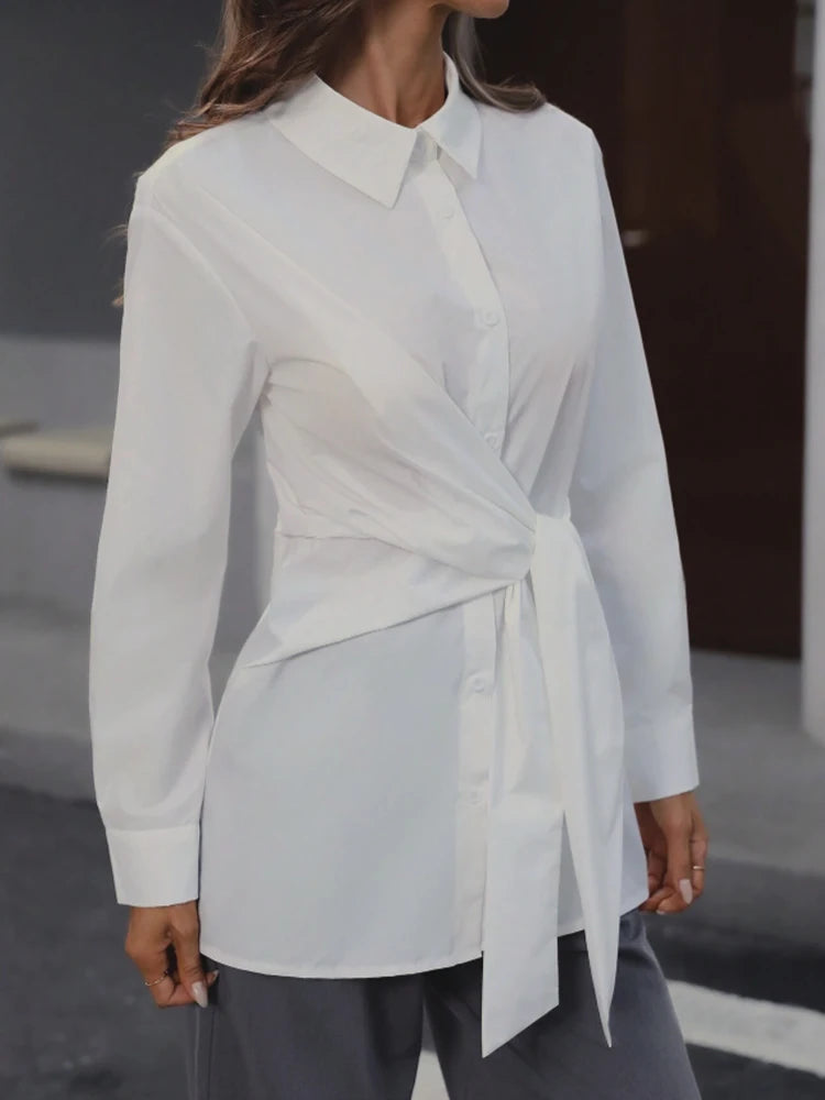 Women’s Classic Collar Button-Up Long Sleeve Shirt with Waist Belt – Elegant Retro Adjustable Fit 👚✨