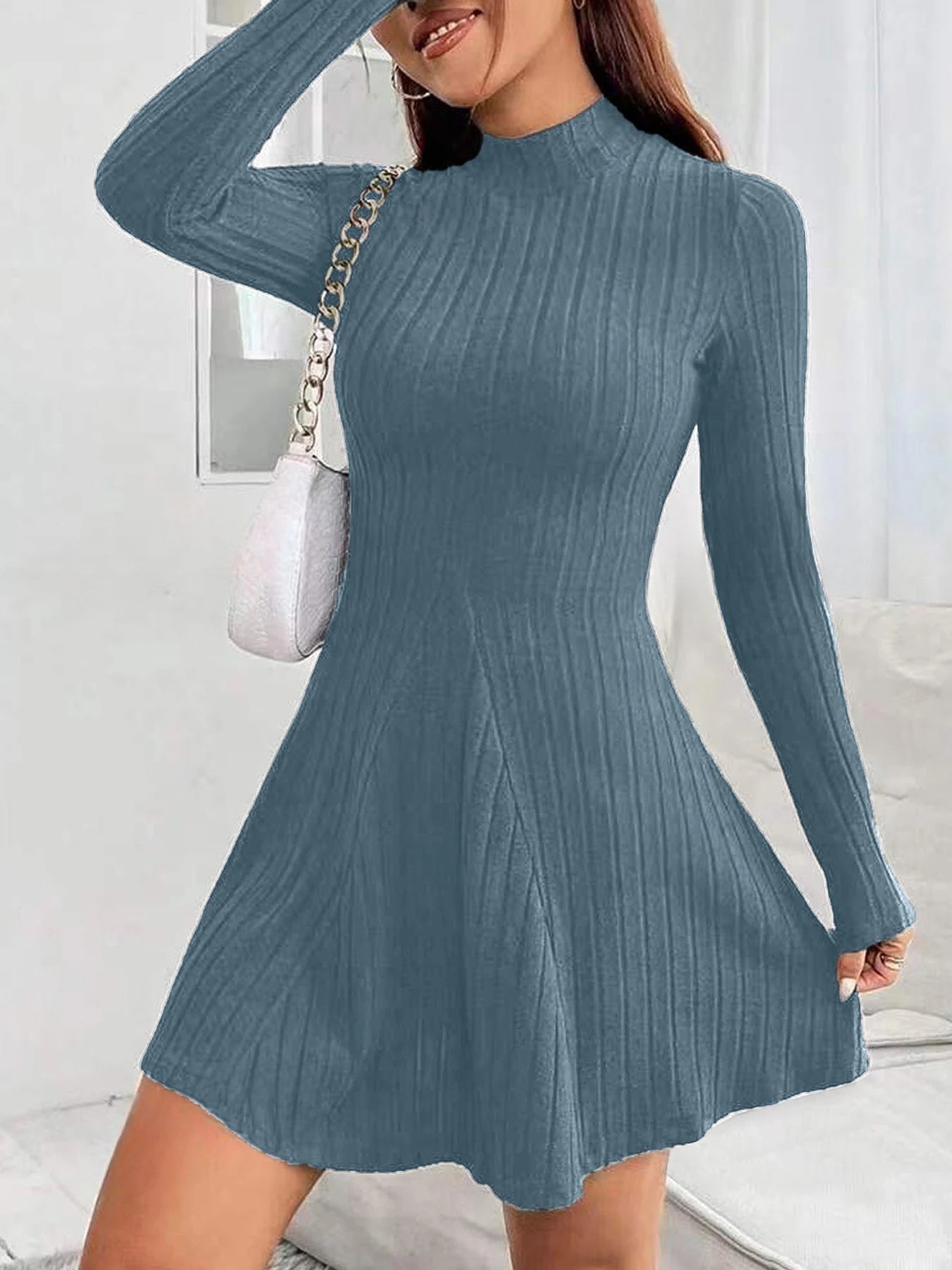 Women’s Slim Fit Half High Collar Dress – Waist Cinched A-Line Pit Stripe Long Sleeve Elegant Autumn Winter Dress
