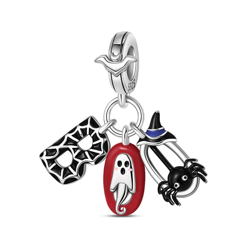 925 Sterling Silver Halloween Charms | Skull, Pumpkin, Bat, Ghost & Coffin Luminous Beads Fit Pandora Bracelet DIY Jewelry Gift
