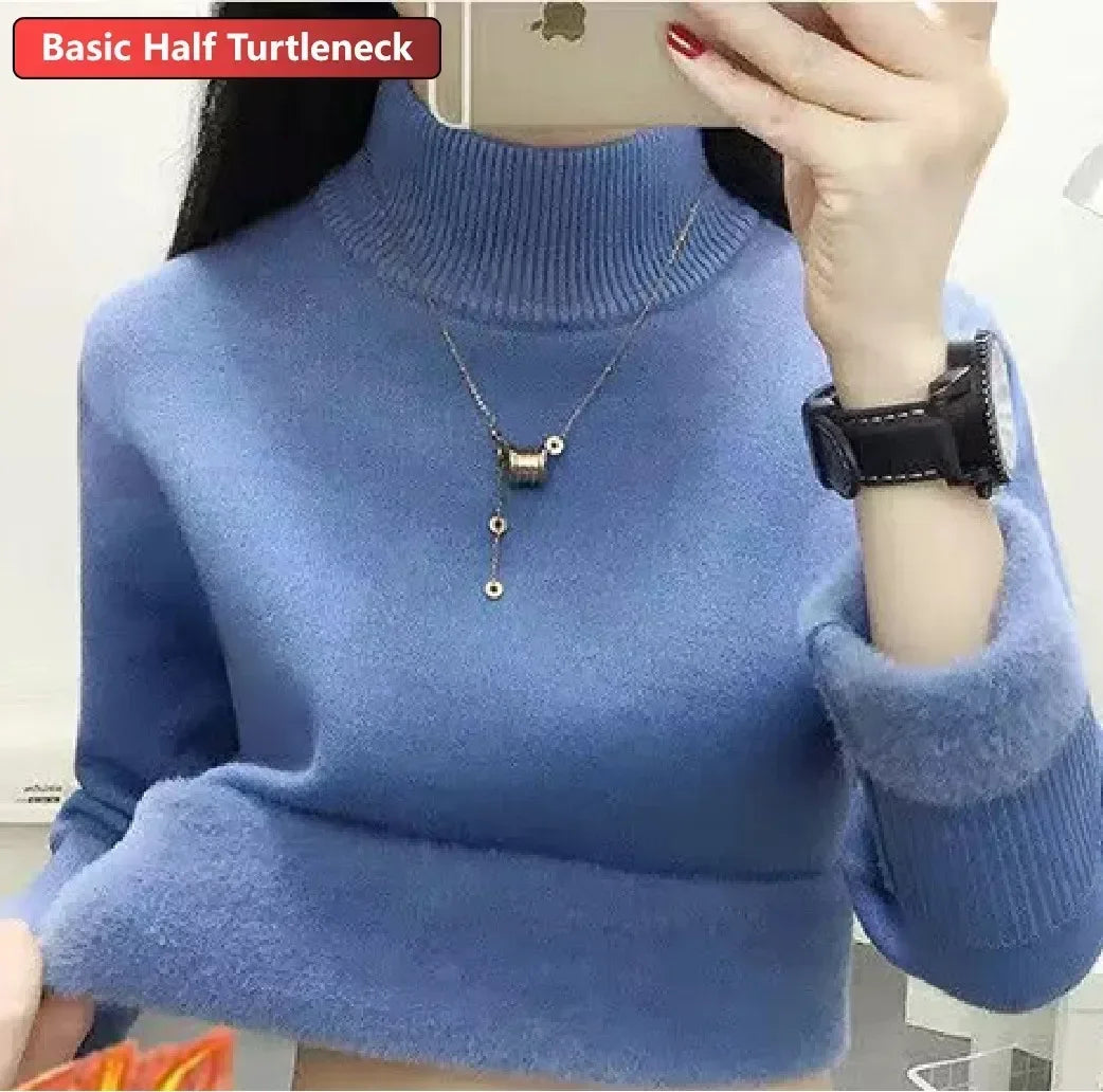 Women Winter Thicken Turtleneck Sweater – Slim Knit Plush Velvet Lined Warm Pullover Jumper