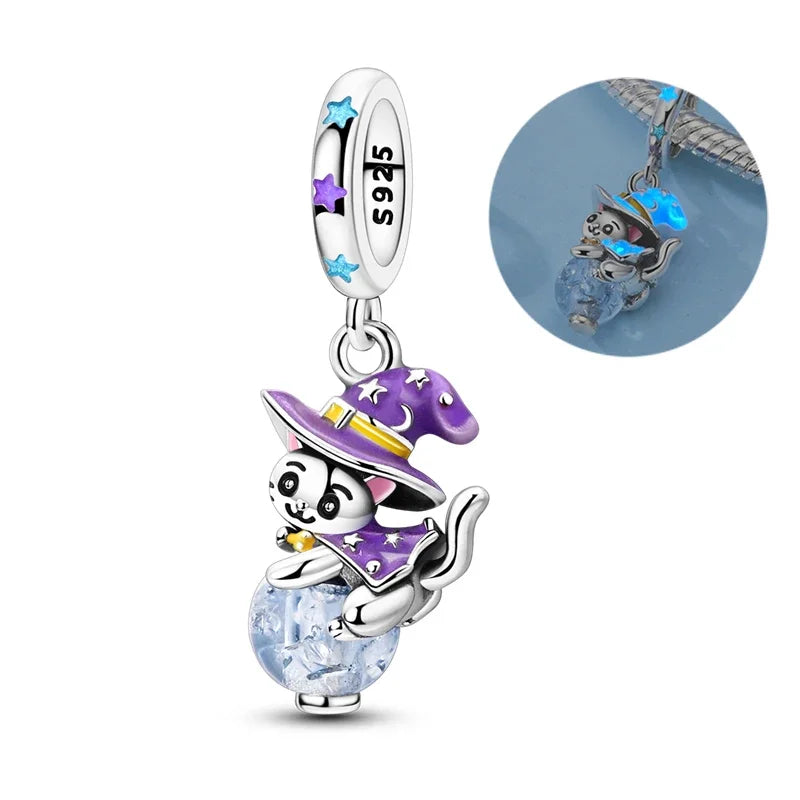 925 Sterling Silver Luminous Fairy Cat Owl Dragon Glass Charm | Original Design Bead for Bracelet DIY Jewelry