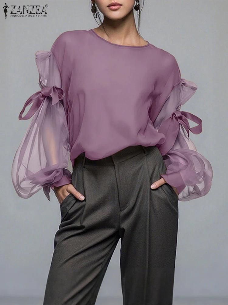 ZANZEA 2025 Women’s Elegant Blouse – Bow Mesh Patchwork Long Lantern Sleeve 👚✨