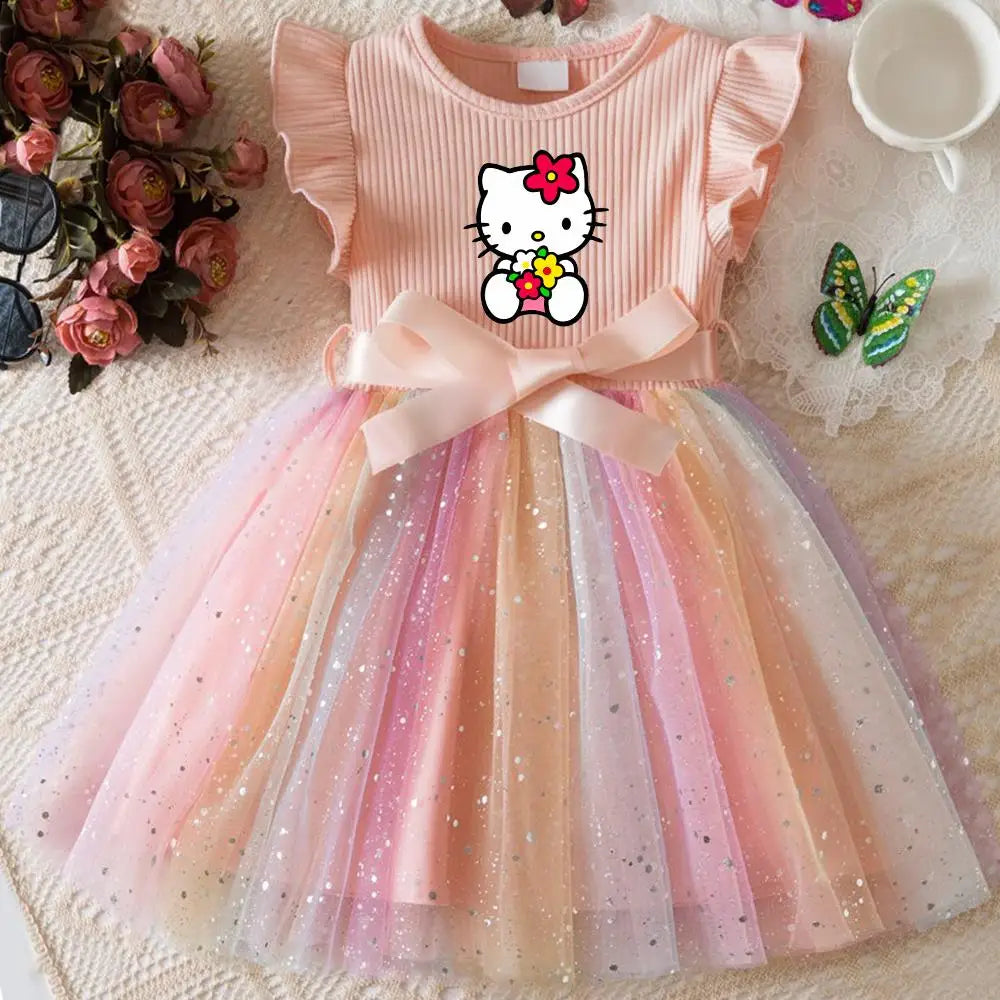 Hello Kitty Flying Sleeves Bow Sequin Princess Dress for Girls | Birthday Party Tutu Dress | Fluffy Baby Girl Dress 1–5 Years