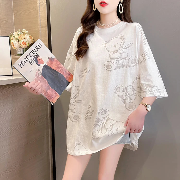 Plus Size Women’s Cartoon T-Shirt | Summer Loose Fit Top | Korean Style Short Sleeve Round Neck