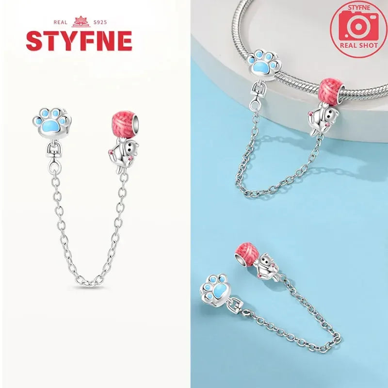 S925 Silver Cute Cat Heart Bead Safety Chain Fit Original Bracelet