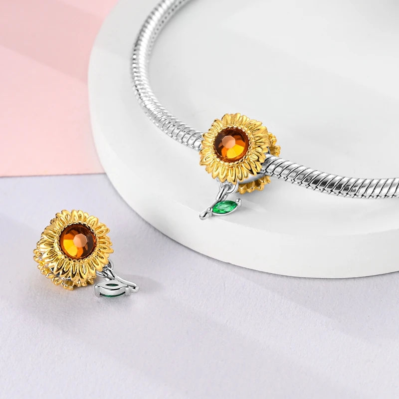 Gold Series Sun & Leopard Charm Beads – Original 925 Sterling Silver Inlaid Zircon DIY Pendants for Bracelet Jewelry Gifts