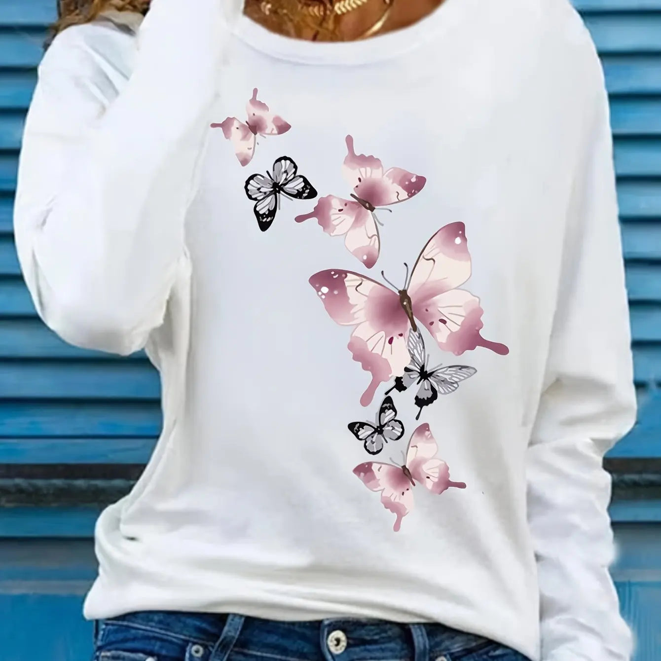 Women’s 100% Cotton Butterfly Print Long Sleeve T-Shirt | Casual Loose Round Neck Base Shirt for Spring & Autumn