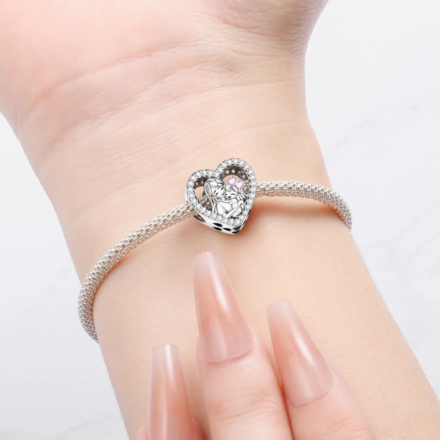 925 Sterling Silver Mother Daughter Love Embrace Pendant Charm | Heart Shaped Bracelet Bead DIY Fine Jewelry Gift