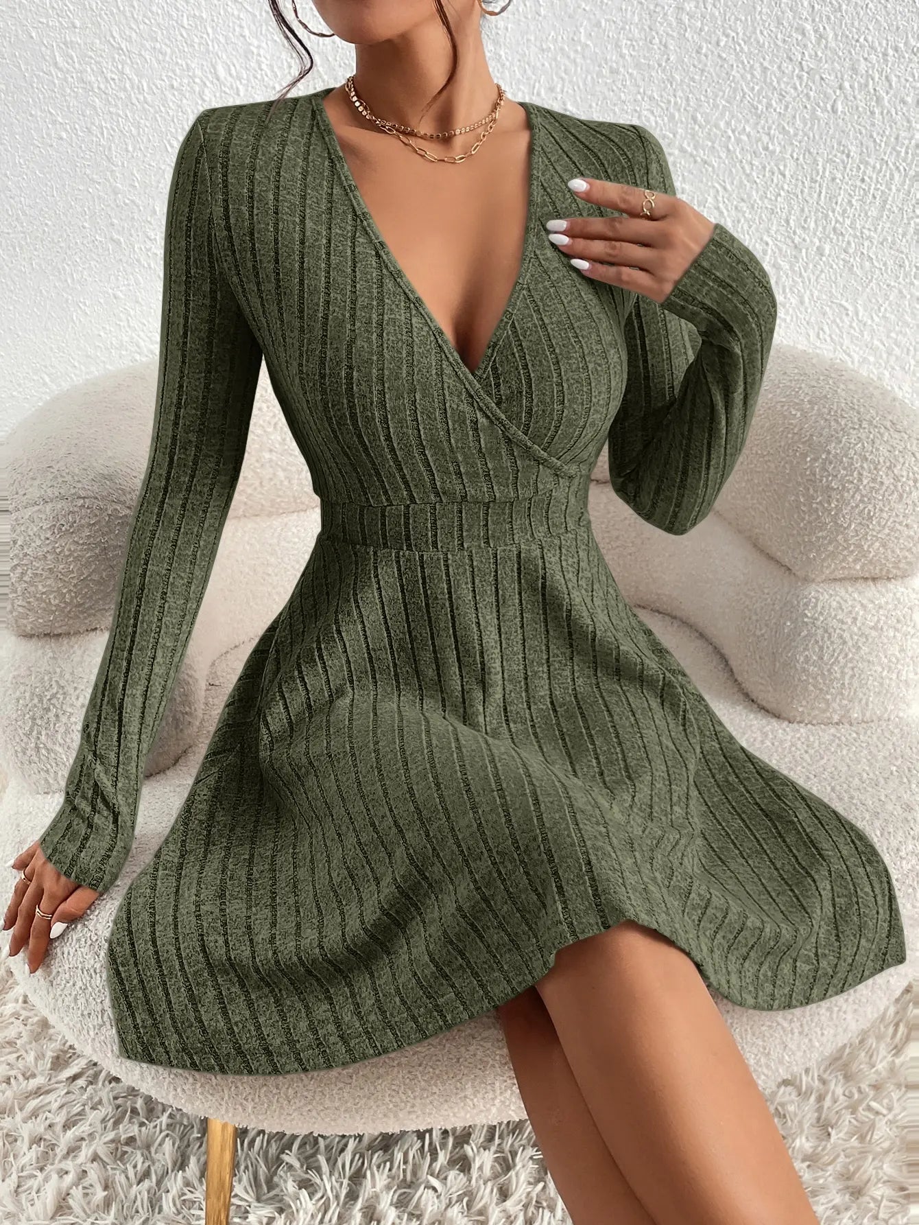 Women’s Slim Fit V-Neck Knit Dress – Long Sleeve Autumn Winter Sexy Bodycon Sweater Midi Dress, Casual Solid Color