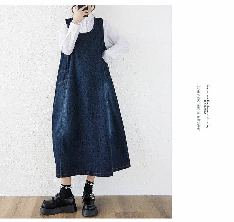 Loose Korean Style Plus Size Denim Vest Skirt – High Waist Over-Knee Slimming Cotton Jeans Corset Casual Dress for Women