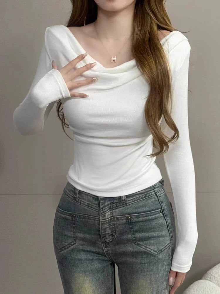 Spicy Girl One-Shoulder Long Sleeve T-Shirt for Women – Slim Fit Knitted Cotton Inner & Outer Wear Top | INS Youth Commute Style