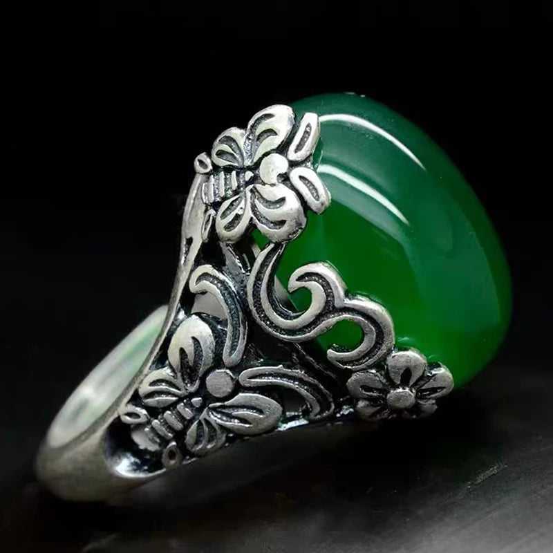 PANJBJ 925 Sterling Silver Hotan Jade Geometric Adjustable Ring | Retro Delicate Jewelry Gift for Women