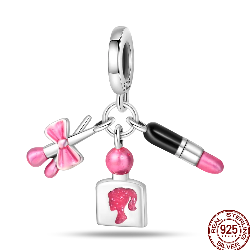 925 Sterling Silver Romantic Princess Charm Beads – Pink Dress, Lipstick & Dancing Shoes Fit 3MM Bracelet