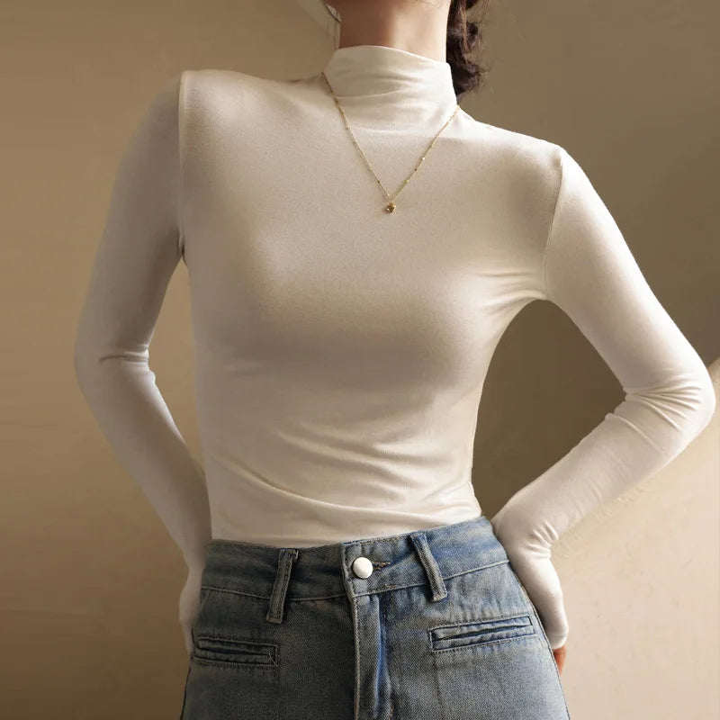Women’s Solid Half-High Collar Sweater | Autumn Winter Long Sleeve Pullover | Casual Slim Bottoming Top