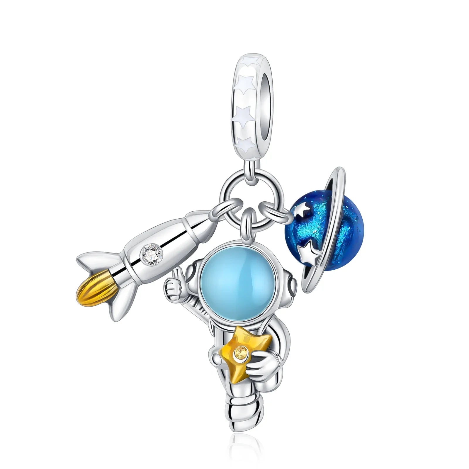 925 Sterling Silver Blue Moon Plane Space Series Glass Beads Clip Charm for Bracelet