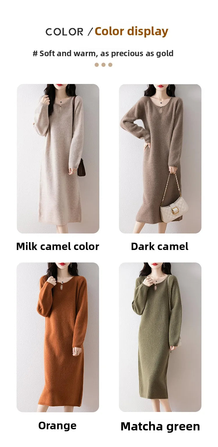 Loose Knitted Sweater Dress for Women – Round Neck Long Sleeve Casual Autumn New Arrival Elegant Fashion Dress
