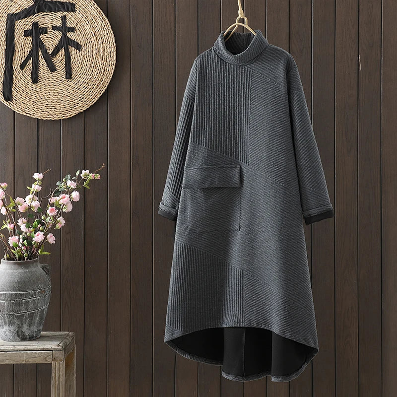 Retro Artistic High Collar Midi Dress – Autumn Winter Loose Fit Plus Size Korean Style Color-Block Commuting Dress for Women
