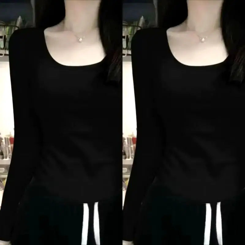 Women's Fleece-Lined Long Sleeve T-Shirt ❄️ Sweet Slim Fit U-Neck Top 👚 Autumn Winter Warm Fashion