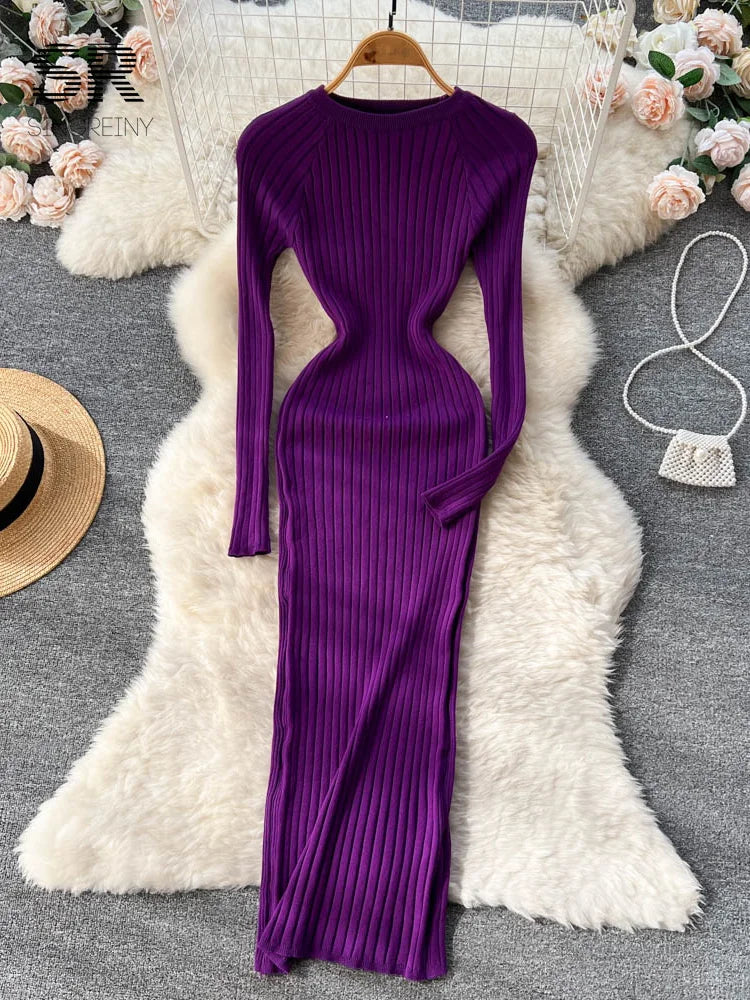 SINGREINY Winter Women’s Knit Maxi Dress – Slim Solid O-Neck Long Sleeve Pencil Sweater Dress | Autumn Harajuku Fashion