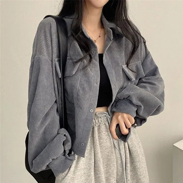 Black Corduroy Cardigan for Women | Korean Loose Fit Long Sleeve Jacket 2025